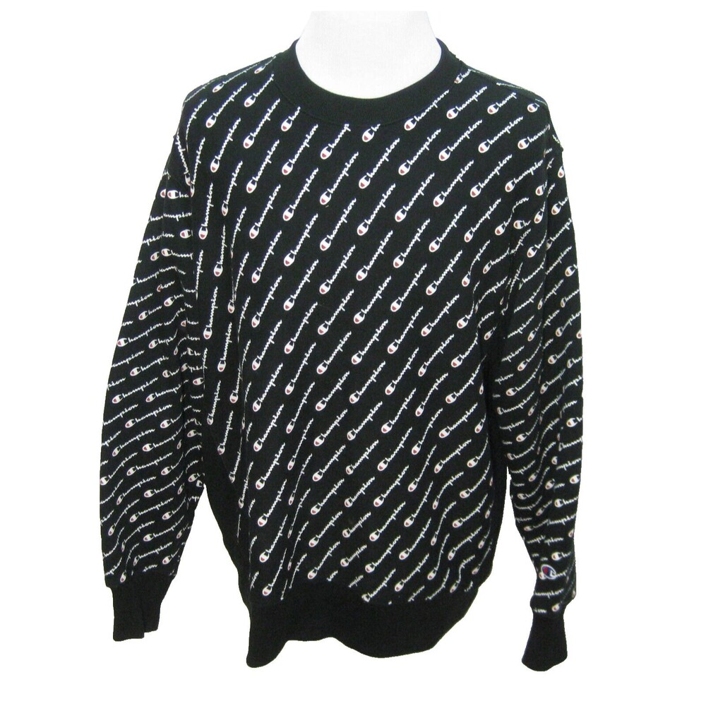 CHAMPION Men's (Size XL) Black Reverse Weave All Over Logo Print Sweatshirt Top